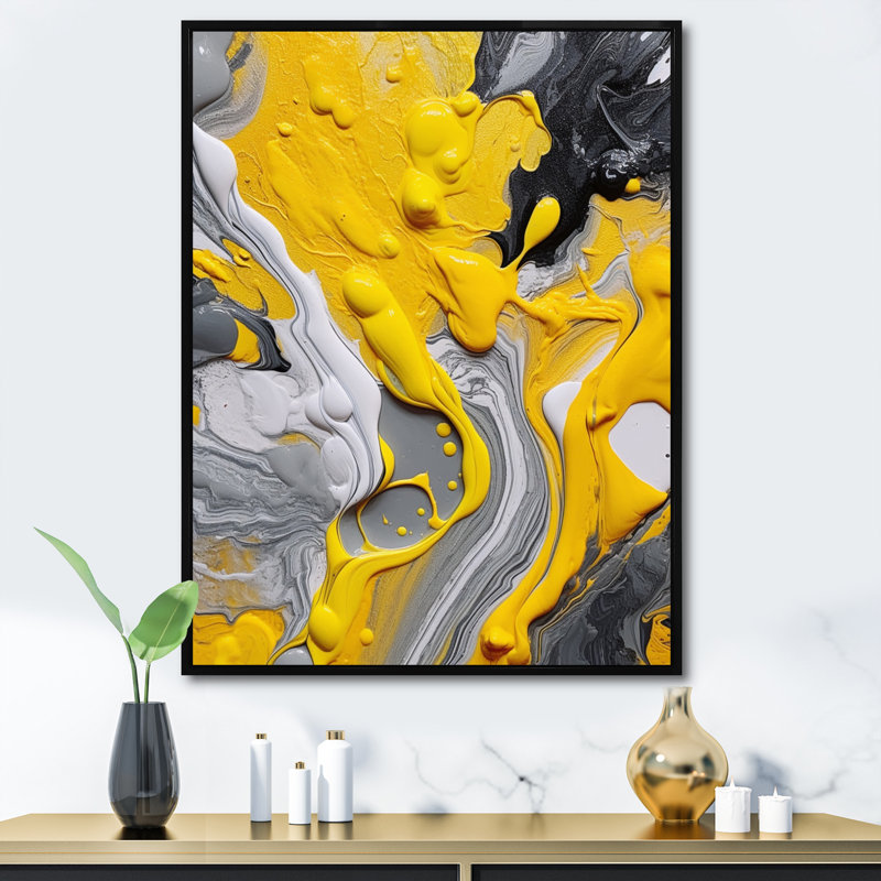 Impression sur toile abstraite jaune et grise cosmique II, H 32 po x l 24 po, Reproduction avec cadre flottant, Noir