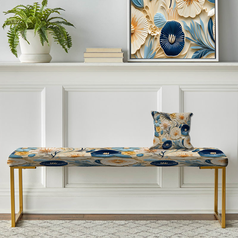 Blue And White Coastal Retreat Seashells IV - Floral Upholstered Gold Bench