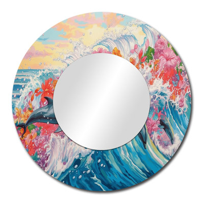 «Pizanie Colorful Dolphins» - miroir mural dauphin, miroir décoratif rond bleu, impression d'art en métal