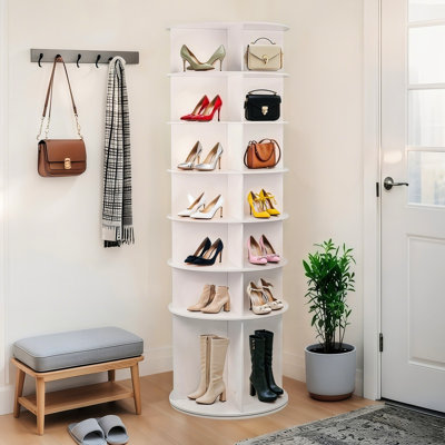 7 Tier Round Display 360 Spinning Shoe Rack Tower, White, Space, Easy To Sort Shoes White Layer Rotating Rack, , High Bottom For Super Heels, Multi-Purpose Arrangement