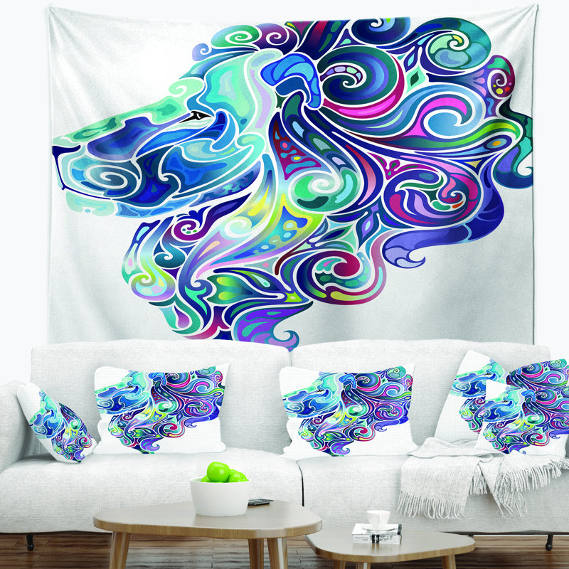Blue lion art abstrait tapisserie Animal, H 32 po x l 39 po