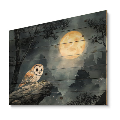 Chouette brumeuse au clair de lune - Décoration murale animal en bois de hibou - sur bois de pin naturel