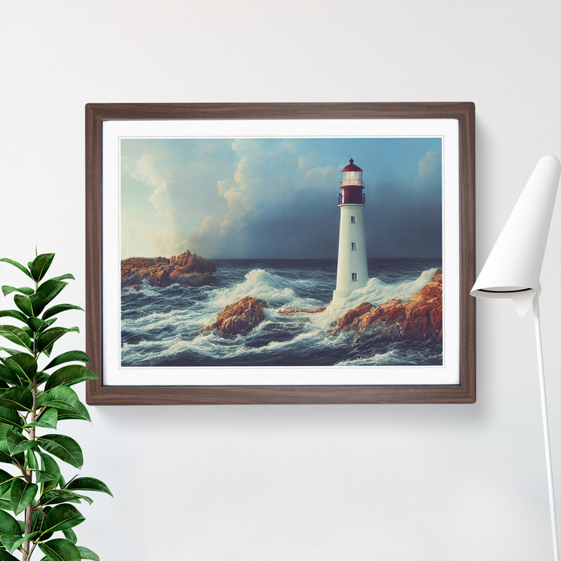 Riveting Lighthouse Seascape 1 Piece Single Picture Frame Wall Art, 46cm H x 64cm W x 2cm D, Walnut Framed