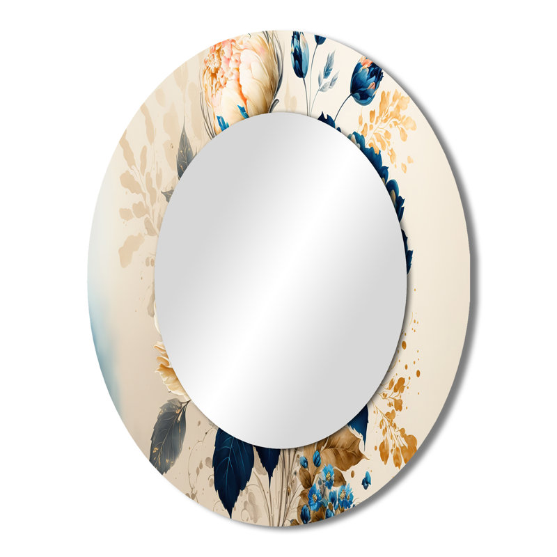 Bouquet floral bleu et doré II - grand miroir mural ovale sur métal, 43 po x 33 po