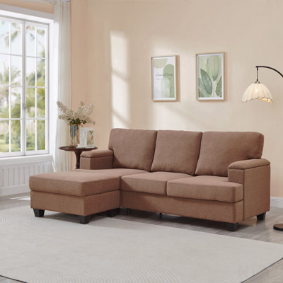 3-Seater Linen Sofa with Storage Armrest & Storage Ottoman - Brown