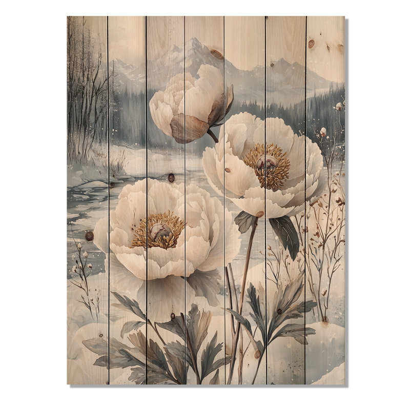 Snow Peonies Into The Winter Landscape I - Peonies Wood Wall Decor - On Natural Pine Wood, 40" H x 30" W x 0.78" D