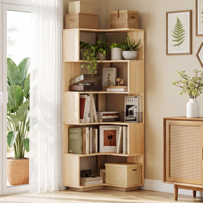 Bibliothèque d'angle à 6 niveaux, tablette en pin massif, tablette ouverte moderne autoportante, meuble de rangement haut pour salon, chambre ou bureau.