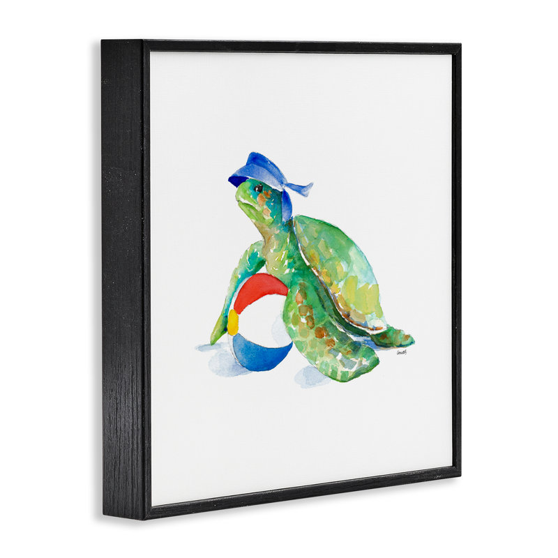 Tortue et ballon de plage, estampe numérique par Lanie Loreth, Giclée encadrée noir minuit, H 24 po x l 24 po