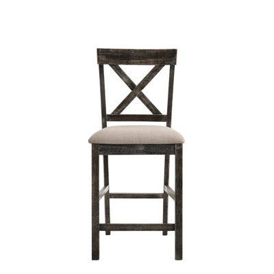 Chaise à hauteur de comptoir (2) - Ii. Lin brun clair et gris Élégant dossier haut avec dossier en bois en «X». Rembourrage de siège confortable. Bois synthétique. Tablier classique et pieds carrés. Pour les espaces de bar à manger gris élégant