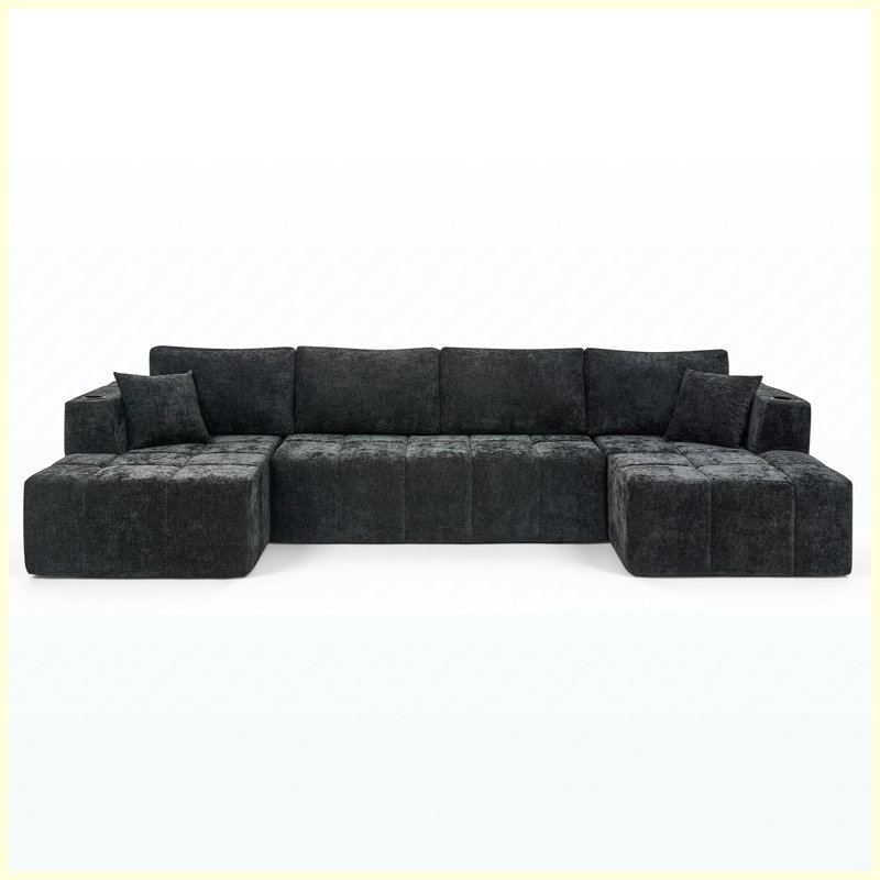 Sectional Sofa 132" No Assembly Required Vacuum Compressed with USB Ports & Cup Holders Chenille for Living Room, Bedroom, Apartment, Office - Black