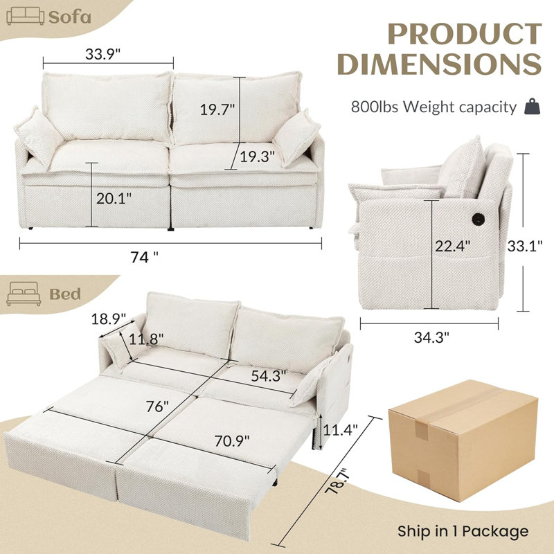 74” Pull Out Sofa Bed, Convertible Sleeper Sofa Bed With USB Ports, Corduroy Upholstered Couch With Chaise Lounge For Living Room, Guest Room, White