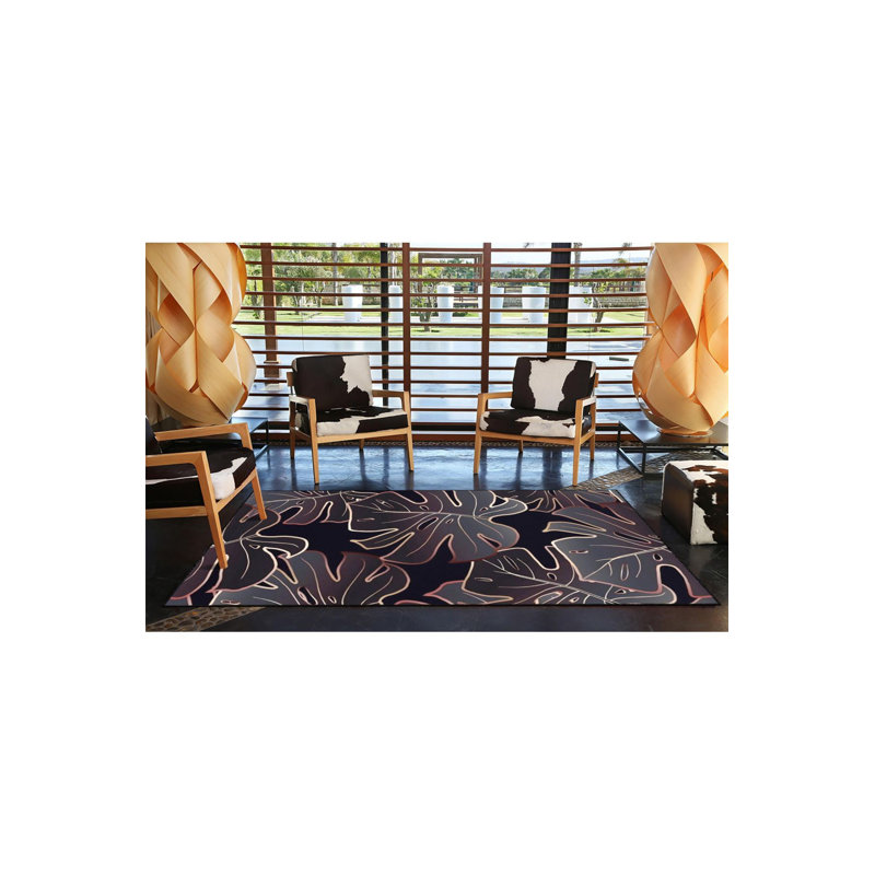 Leaf Black Themed Patterned Woven Base Decorative Washable Rug, Round 3'11" Rug Pad Included