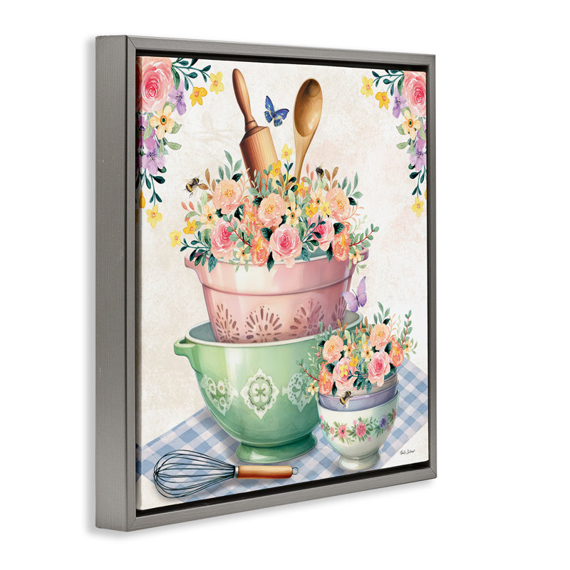 "Floral Kitchen Bowls Stack Floater", art mural par Nicole DeCamp, Cadre flottant gris lustré, H 18 po x l 18 po