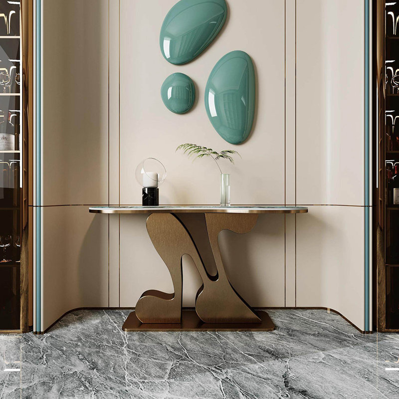 Light luxury style sintered stone console table, 33.4" H x 59" W x 13.7" D, Gold