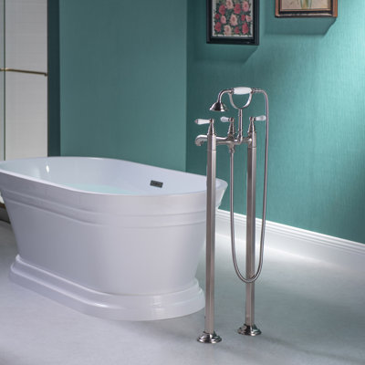 Floor-Mount Freestanding Tub Filler with Telephone-Style Hand Shower and Ceramic Handles, 3-Handle Modern Freestanding Soaking Tub Filler, Brushed Nickel Finish