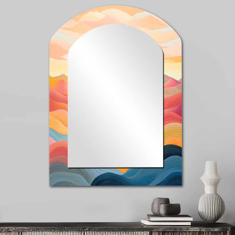 «Bold Sunset Mountain Horizon», miroir mural arqué rose, miroir décoratif asymétrique traditionnel, impression d'art en métal