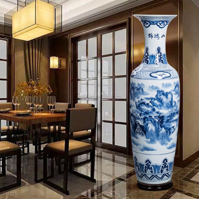 Grand vase sur pied en céramique de 70,87 po peint à la main bleu et blanc Jingdezhen