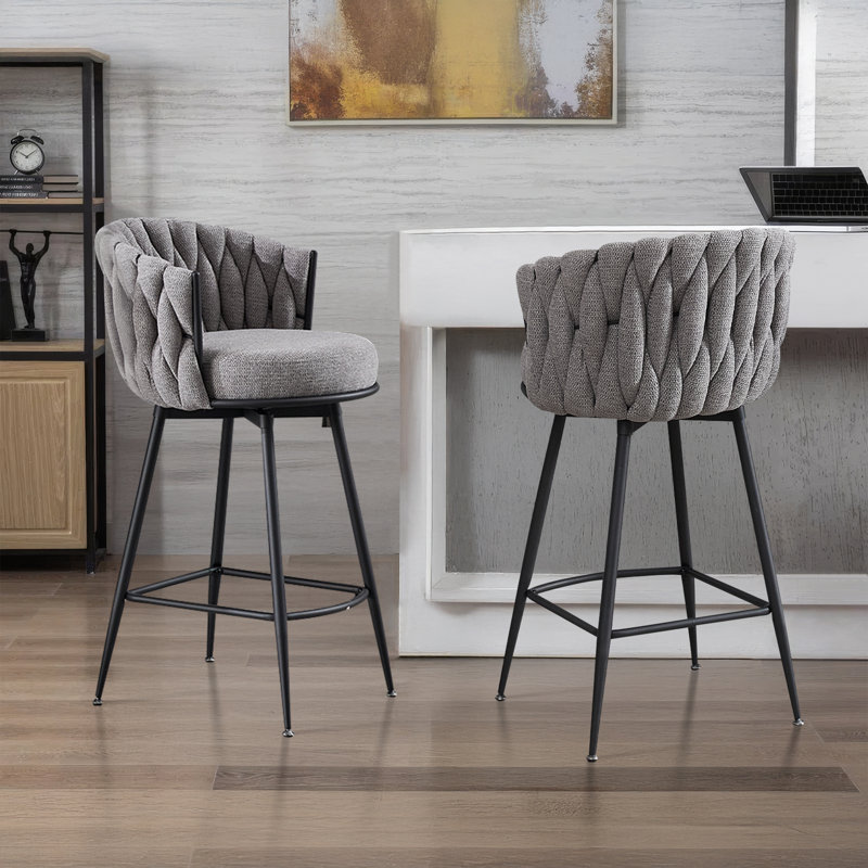 Swivel Bar Stool With Curved Weaving Design, Gray