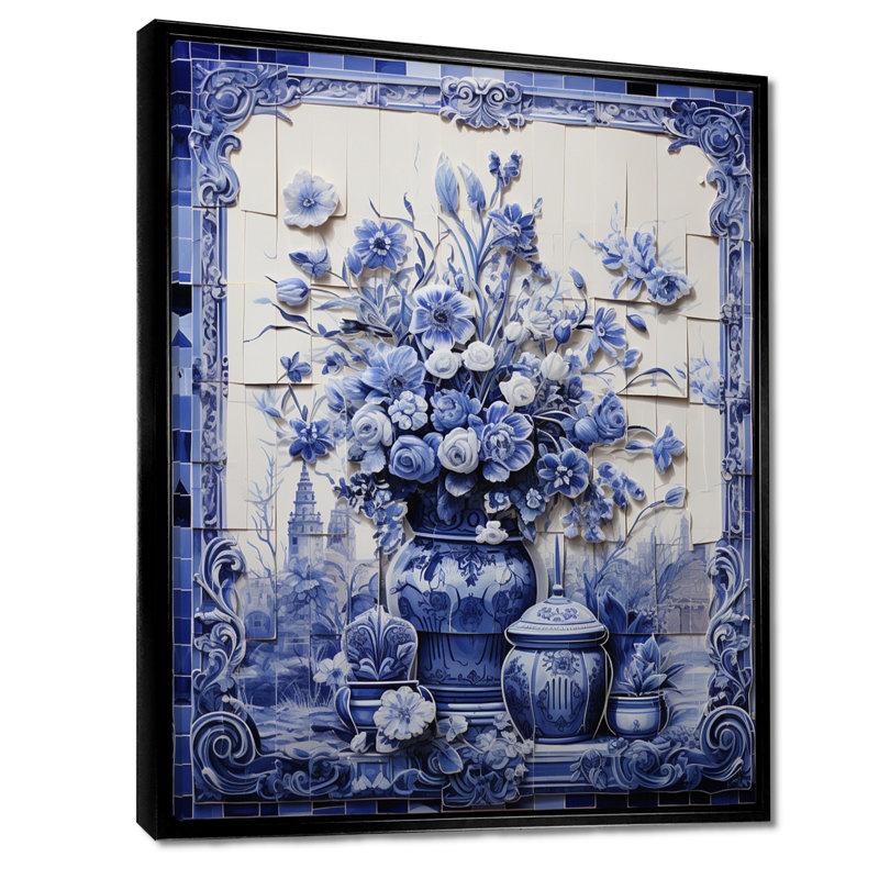 Art mural bleu et blanc Boho Flower Pottery II - Boho Pottery, H 32 po x l 16 po x P 1 po, Cadre flottant noir