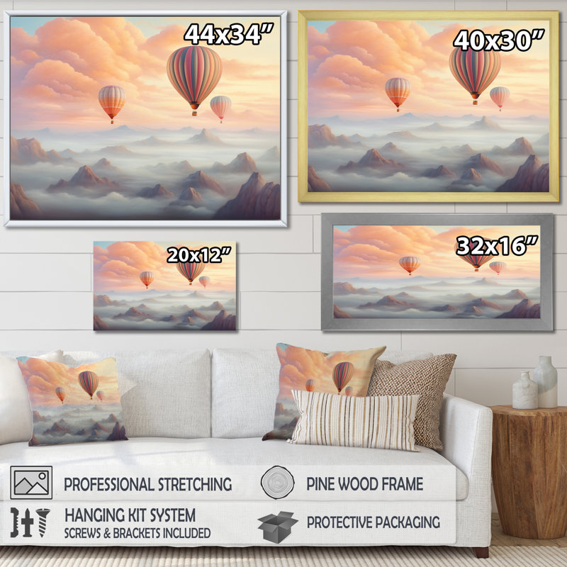 Pink Hot Air Ballon Ethereal II - Transportation Canvas Wall Art, H 30 po x l 40 po x P 1,5 po, Cadre photo noir