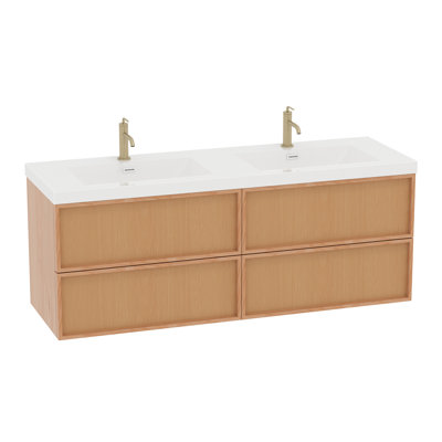 Meuble-lavabo mural moderne 60 po avec lavabo et comptoir en résine, meuble-lavabo flottant avec tiroirs avant et dosseret tissés