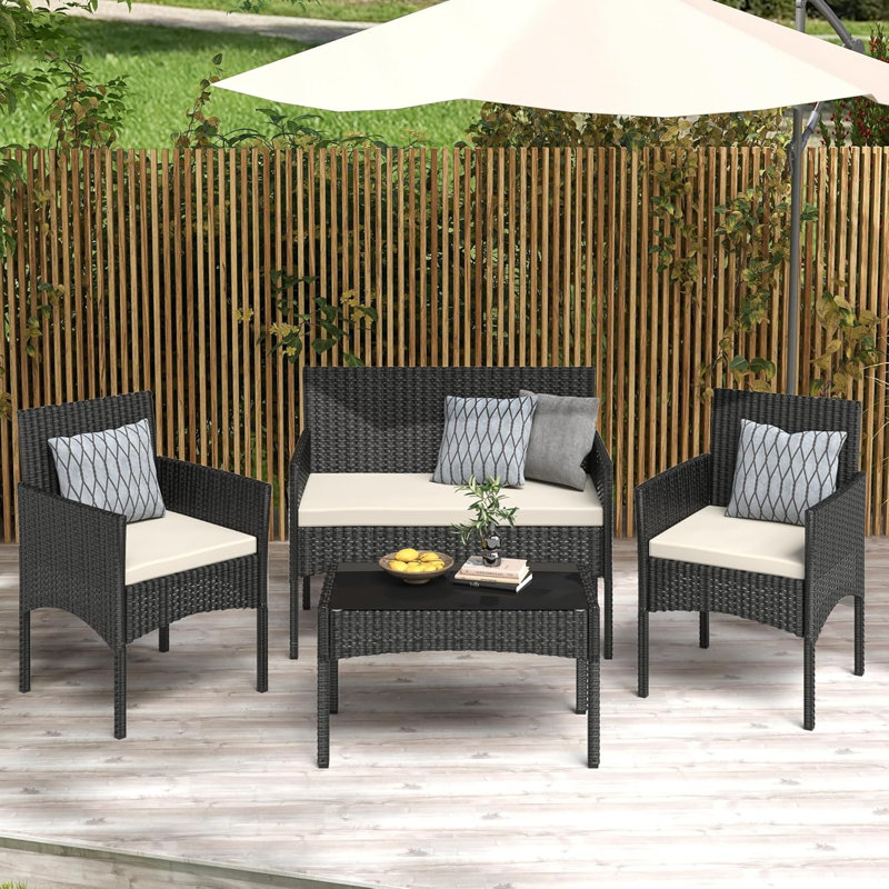 Ensemble de meubles de patio 4 pièces, ensemble de conversation en rotin de rotin avec coussin imperméable et table pour la cour, le jardin, le balcon, le porche et la piscine (noir)