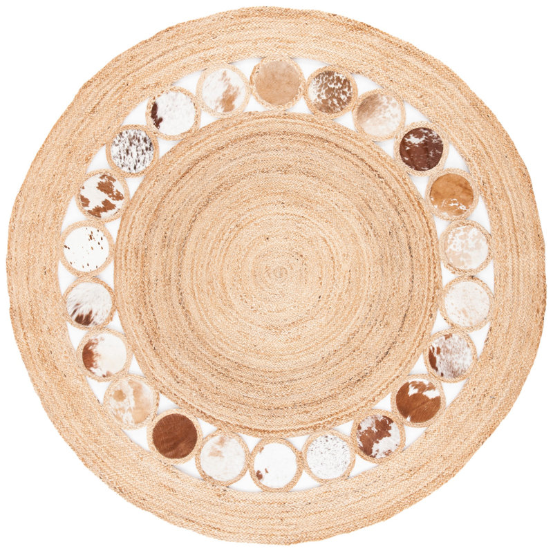 Conklin Natural Fiber Hand Woven Jute/Leather Geometric Rug in Beige/Brown, Round 6'