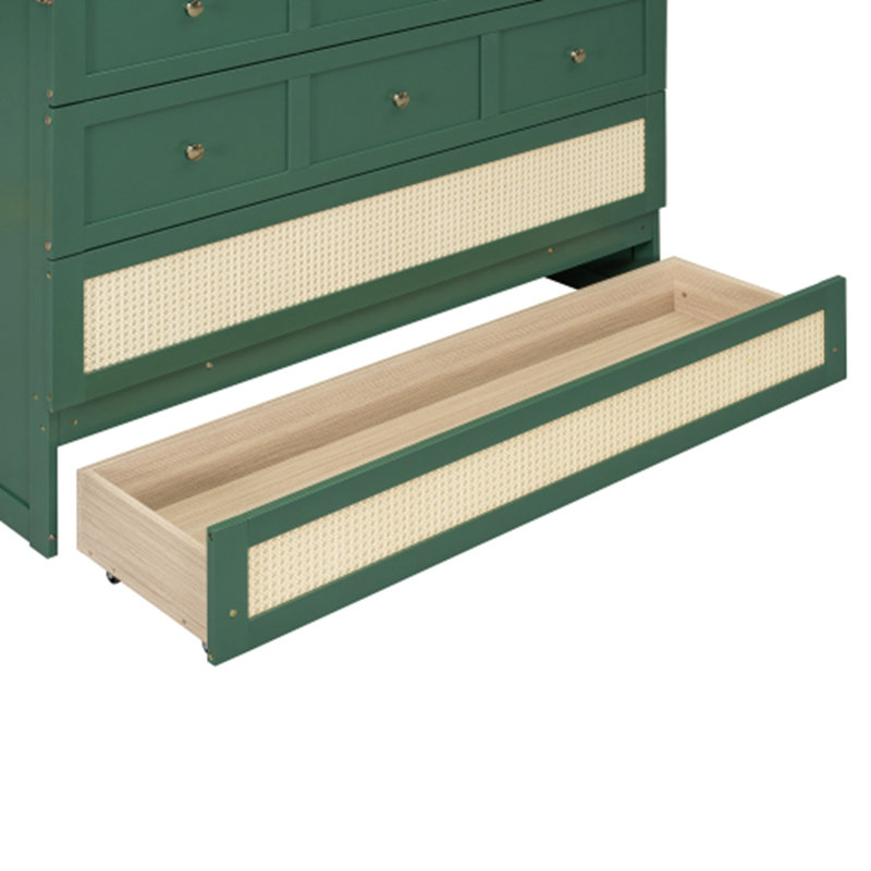 Full Murphy Bed Cabinet With Drawers And Rattan Decor, Green, Full / Double