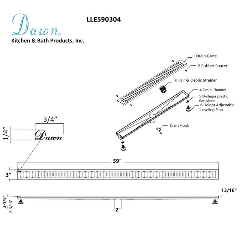 Loire River Series 59 Inch Long Stainless Steel Linear Floor Shower Drain