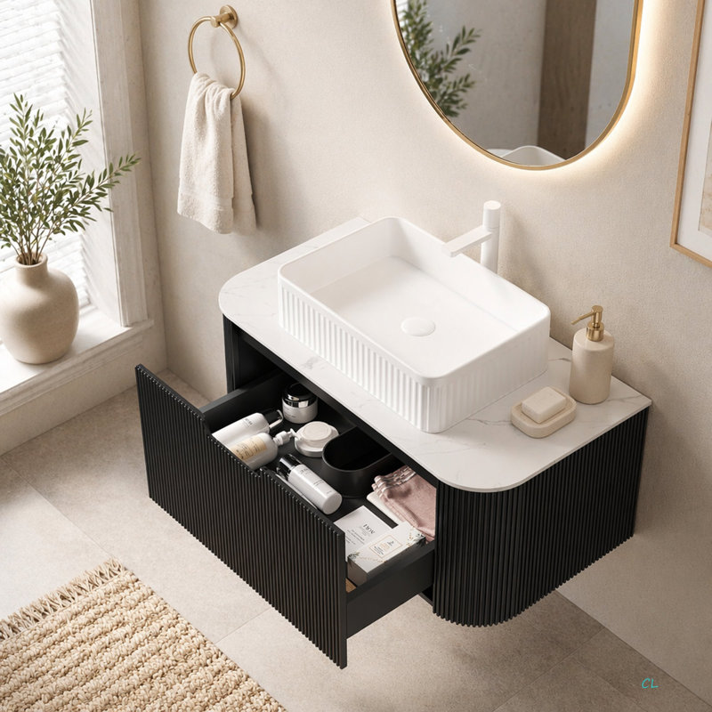 Meuble-lavabo pour salle de bain et évier, meuble-lavabo rayé à bords arrondis avec vasque rectangulaire en céramique et plateau en pierre frittée Carrara de Dina, pré-assemblé