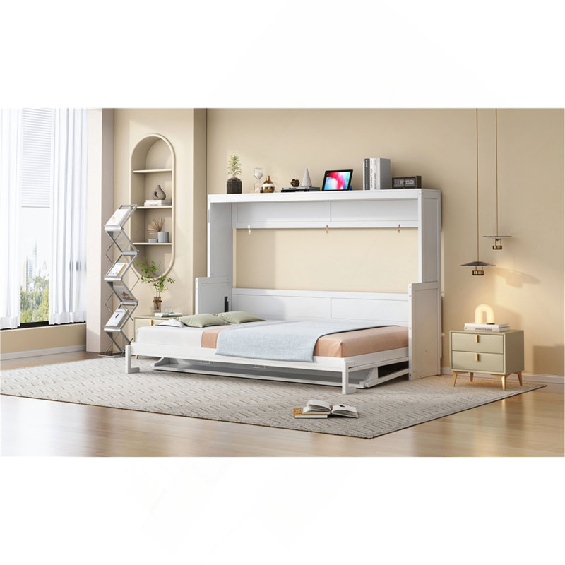 Lit escamotable avec élévateur hydraulique et bureau, Blanc, Grand lit
