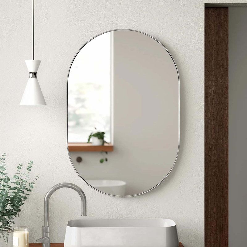 Miroir ovale en métal, Argent argent, 28" H x 20" W