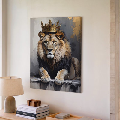 A Majestic Lion Sits Regally With A Golden Canvas Crown Atop Its Head In A Painterly Setting Wall Art Premium Quality Ready To Hang
