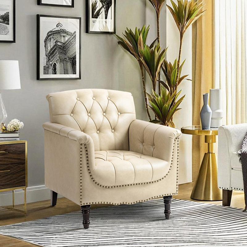 Edvardas 80Cm Wide Tufted Armchair, Beige Faux Leather