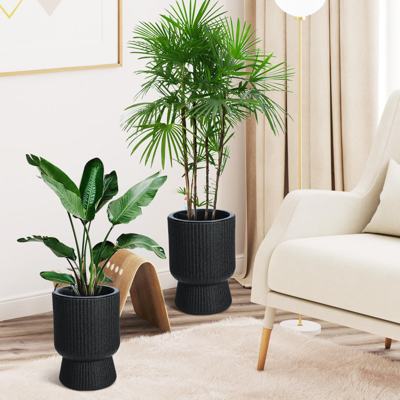 14 Inch Plant Pots, Self Watering Planters Set of 2 with Drainage Holes,Outdoor＆Indoor Black Planter Pots, Planter Pots with Inner Bucket and Water Level Monitor, for Patio, Porch, Living Room