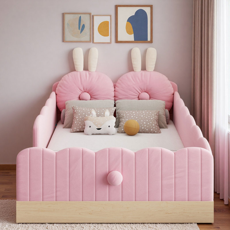 Lit plateforme tapissier avec coussins en forme d'animaux et sacs de rangement, Rose