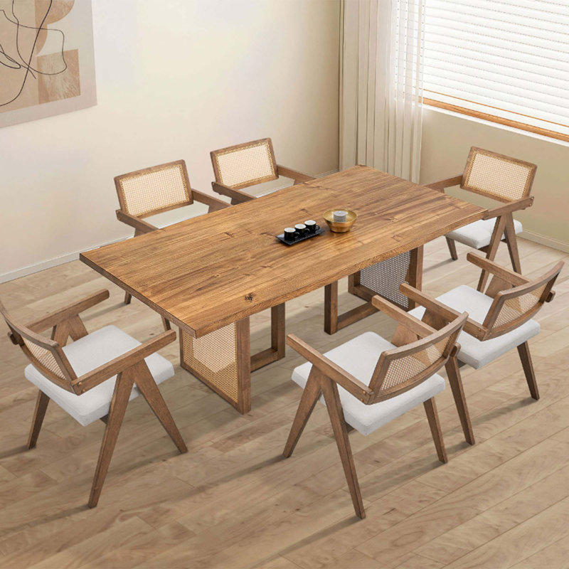 Mid-Century Modern Rectangular Waves Dining Table Set With Rattan Weave Design