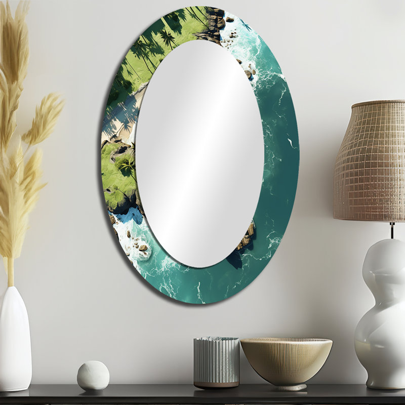 Vue aérienne de l'île tropicale I - miroir mural ovale vert côtier, 36 po x 24 po