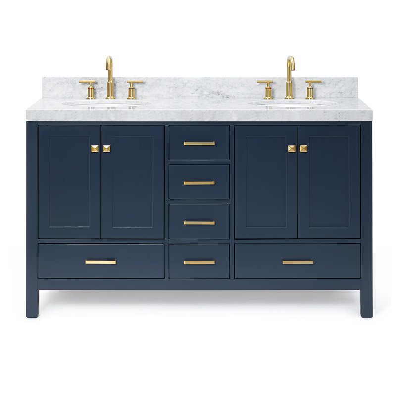 Meuble-lavabo double 60 po Cambridge, Bleu minuit, Laiton satiné