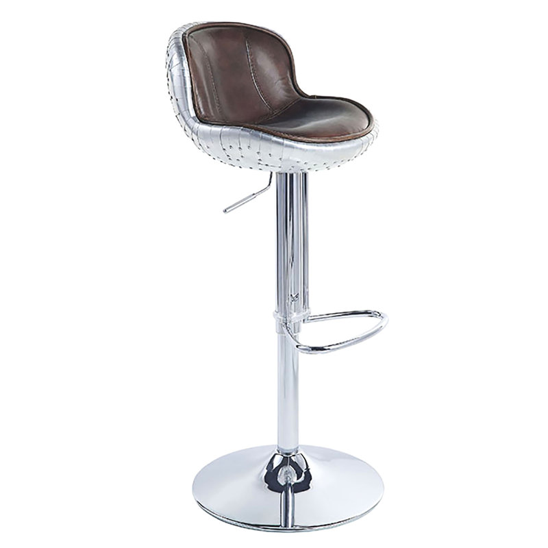 Tabouret de luxe en cuir fleur et aluminium avec base pivotante en métal robuste et rembourré brun rétro - Patchwork pour la salle à manger