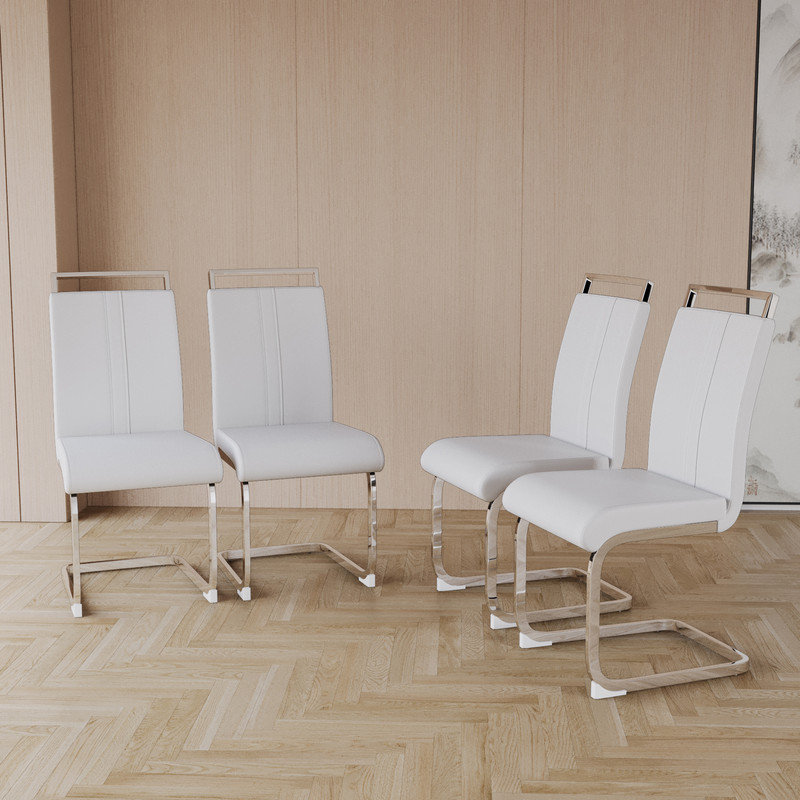 Chaises de salle à manger modernes à haut dossier rembourré avec pieds en métal, ensemble de 4, Blanc, Argent argent