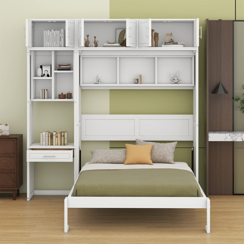Lit escamotable mural avec bureau, armoire supérieure et tablettes de rangement, lit pliable peu encombrant, Grand, White