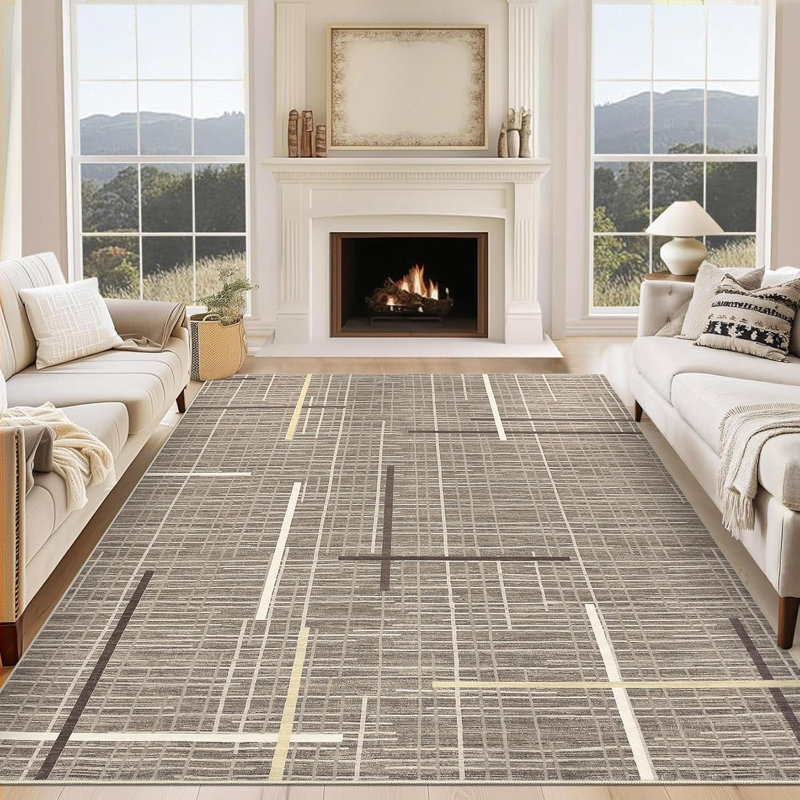Washable Thin Indoor Rug, Modern Interwoven Lines, Low Pile, Stain-Resistant, Non-Slip for Living Room, Bedroom, Kitchen, Beige