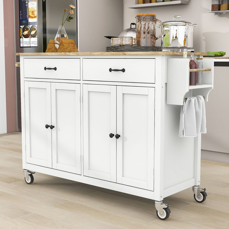 Dashane Kitchen Island Cart with Solid Wood Top, Adjustable Shelves and Cabinet, White