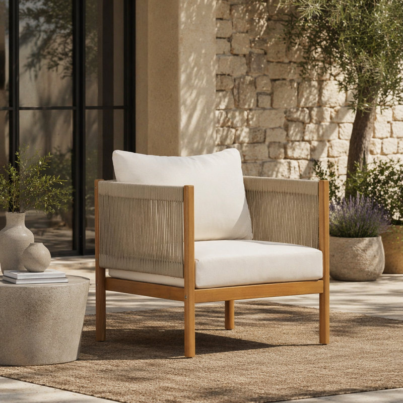 Fauteuil club d'extérieur avec structure en bois d'acacia d'aspect teck, panneaux de corde beige et coussins crème