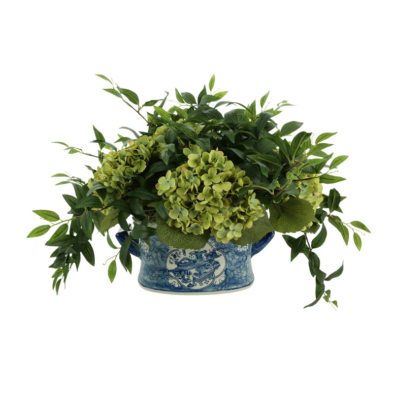 Hydrangea and Ruscus Arrangement in Ceramic Pot