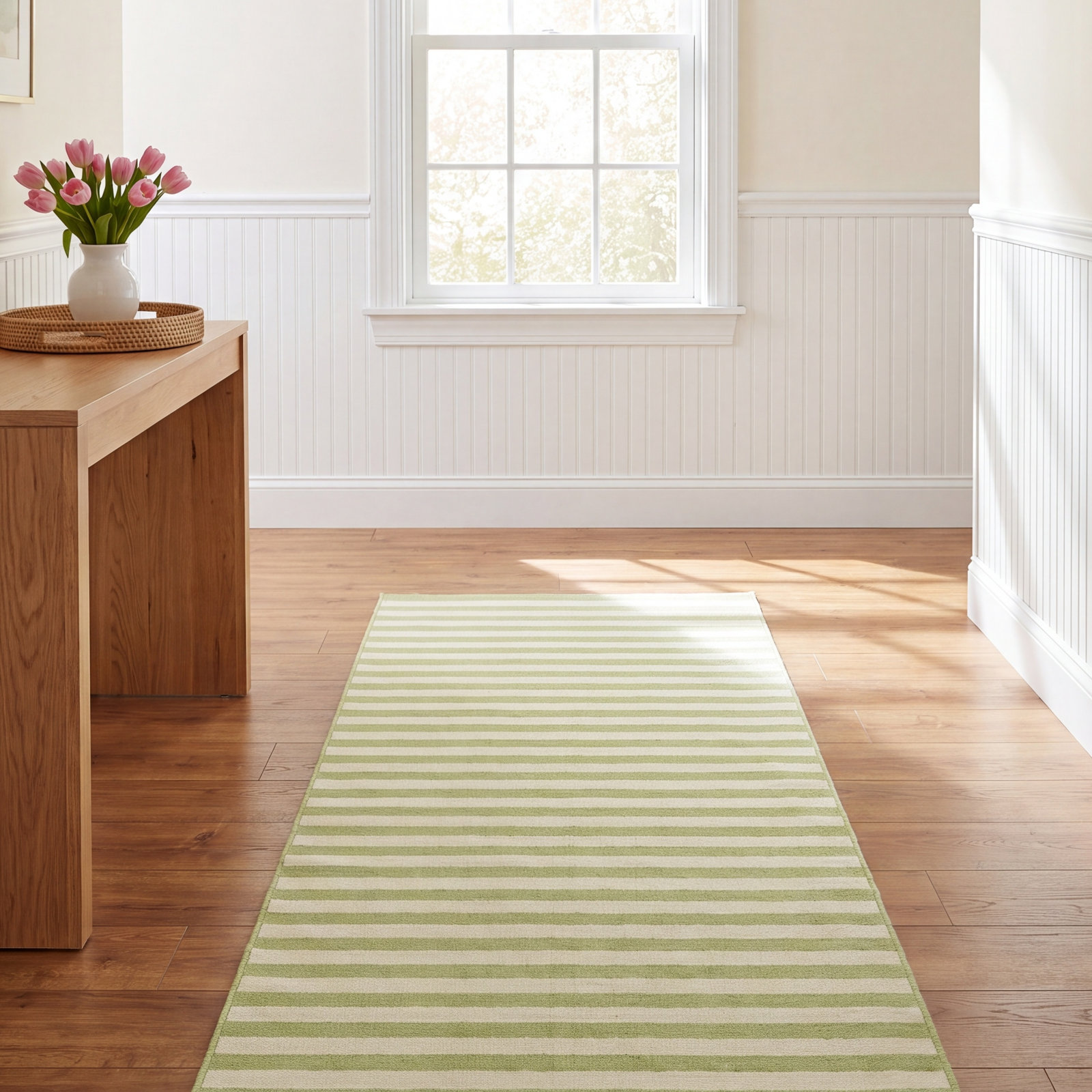 Yepez Green White Striped Rug, Runner 2'3" x 7'6"