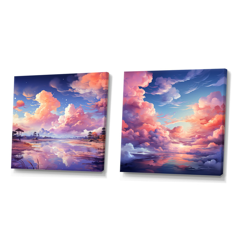 Rose et bleu calme aquarelle ciel I - ensemble de 2 décorations murales paysage, Toile tendue, H 16 po x l 33 po x P 1 po
