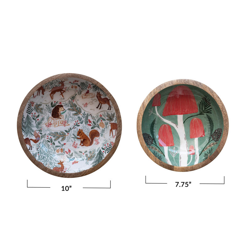 Enameled Mango Wood Bowls With Woodland Flora/Fauna Pattern