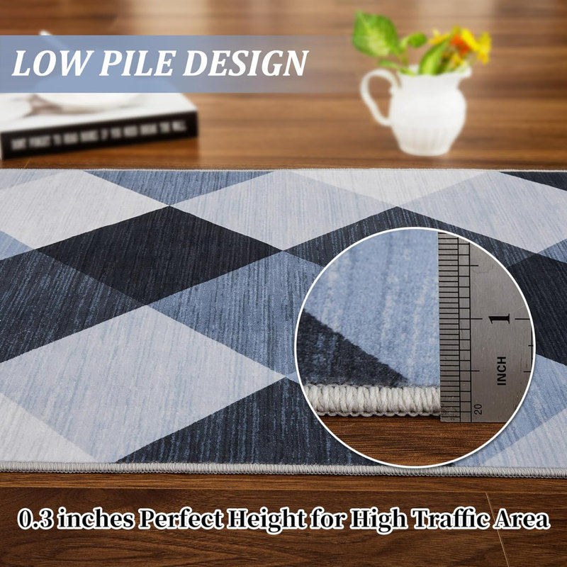 Machine Washable Plaid Runner Rug for Hallway, Kitchen, Bedroom, Living Room, 2x6, Navy & White, Abstract Geometric Design